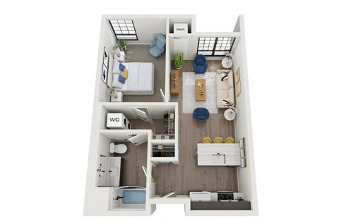a 3 bedroom floor plan with a bathroom and a living room at The Landing at 1001 NP Apartments in Fargo, ND 58102